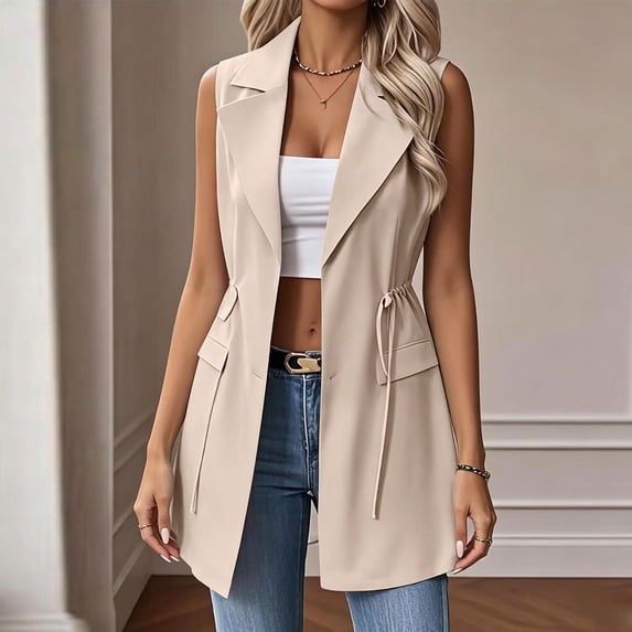 Women's Casual Sleeveless Jacket Baeitkot Women's Solid Color Business Casual Long Style Lapel Sleeveless Suit Jacket Beige L
