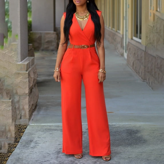 Women's Casual Sleeveless Jumpsuit Wide Leg High Waist V-Neck Solid Pocket