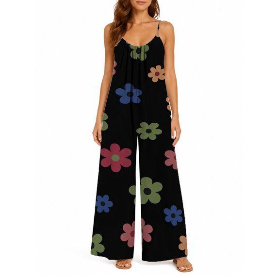 Women's Casual Sleeveless Jumpsuits Colorful Cartoon Flowers Spaghetti Strap Wide Leg Pants Rompers with Pockets