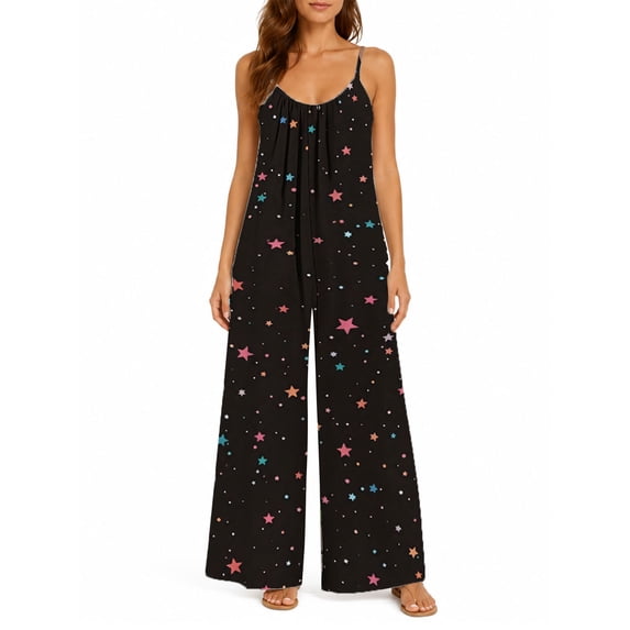 Women's Casual Sleeveless Jumpsuits Colorful Stars Spaghetti Strap Wide Leg Pants Rompers with Pockets