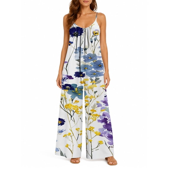 Women's Casual Sleeveless Jumpsuits Colorful Wildflowers Spaghetti Strap Wide Leg Pants Rompers with Pockets