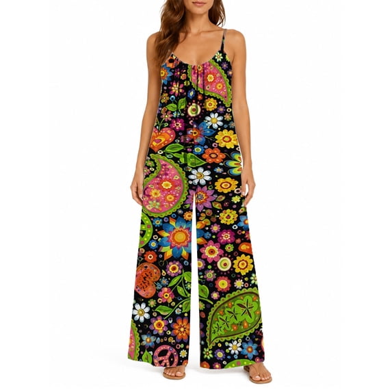 Women's Casual Sleeveless Jumpsuits Iridescent Floral Symbols Spaghetti Strap Wide Leg Pants Rompers with Pockets