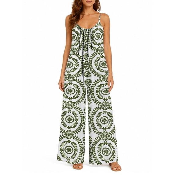 Women's Casual Sleeveless Jumpsuits Mala Circles Spaghetti Strap Wide Leg Pants Rompers with Pockets