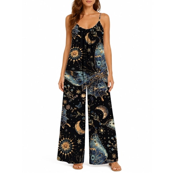 Women's Casual Sleeveless Jumpsuits Starry Sky Butterflies Spaghetti Strap Wide Leg Pants Rompers with Pockets