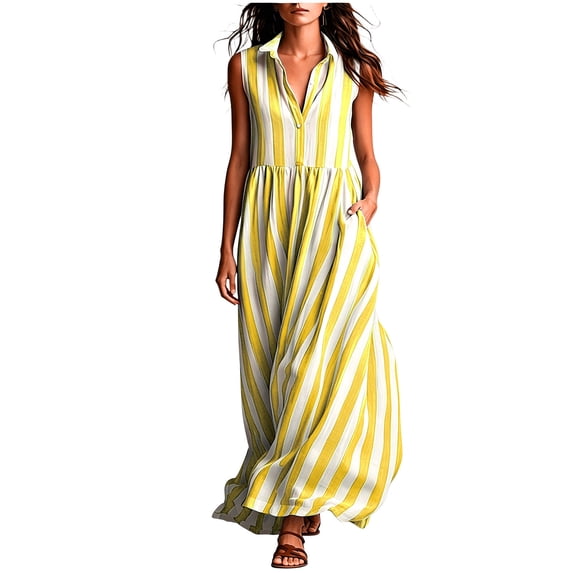 Women's Casual Sleeveless Lapel Striped Dress with Pockets, Lightweight Fashion