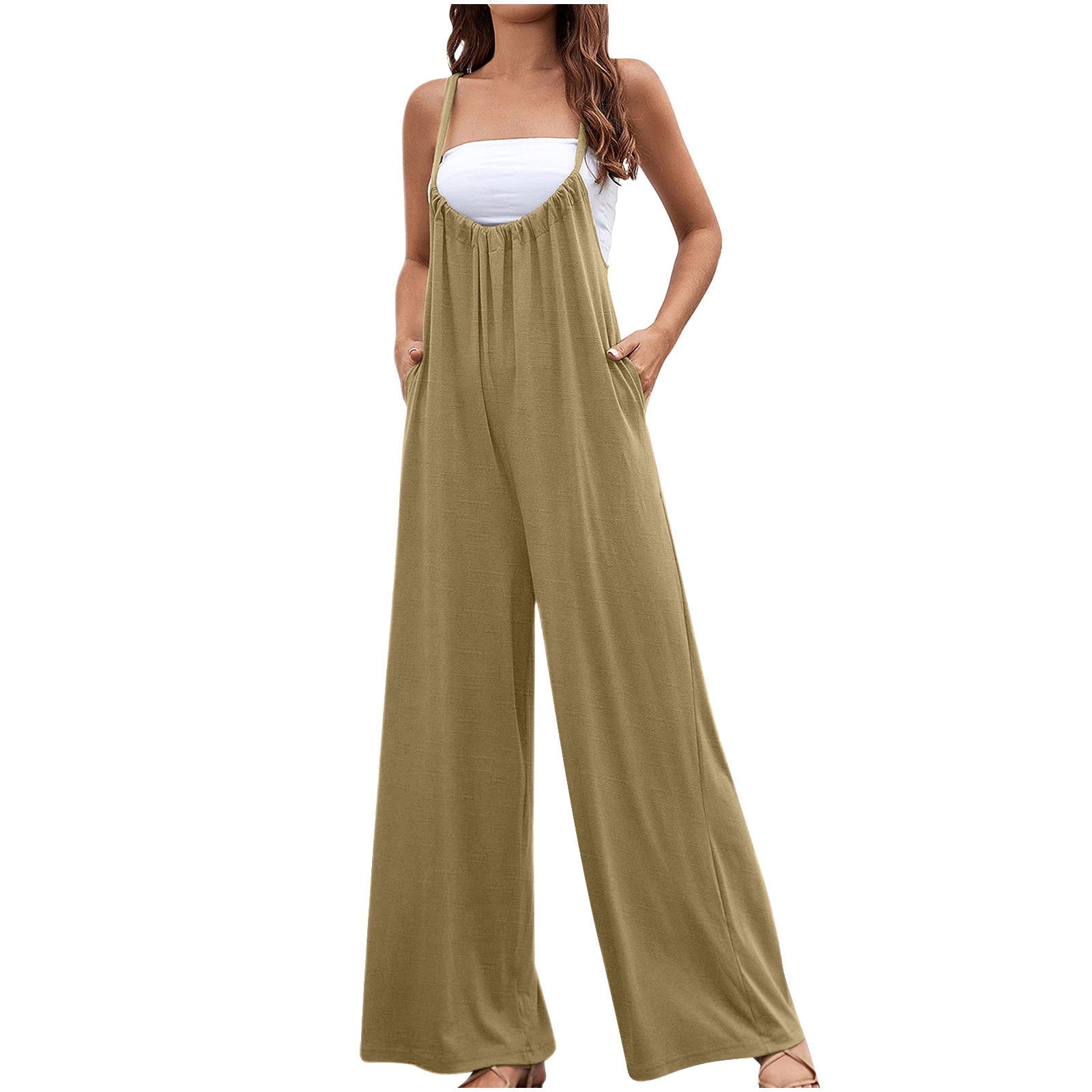 Women's Casual Sleeveless Loose Adjustable Straps Jumpsuit Solid Color High  Waisted Jumpsuit Wide Leg Rompers With Pocket Summer Fashion Tank Romper  Overalls 