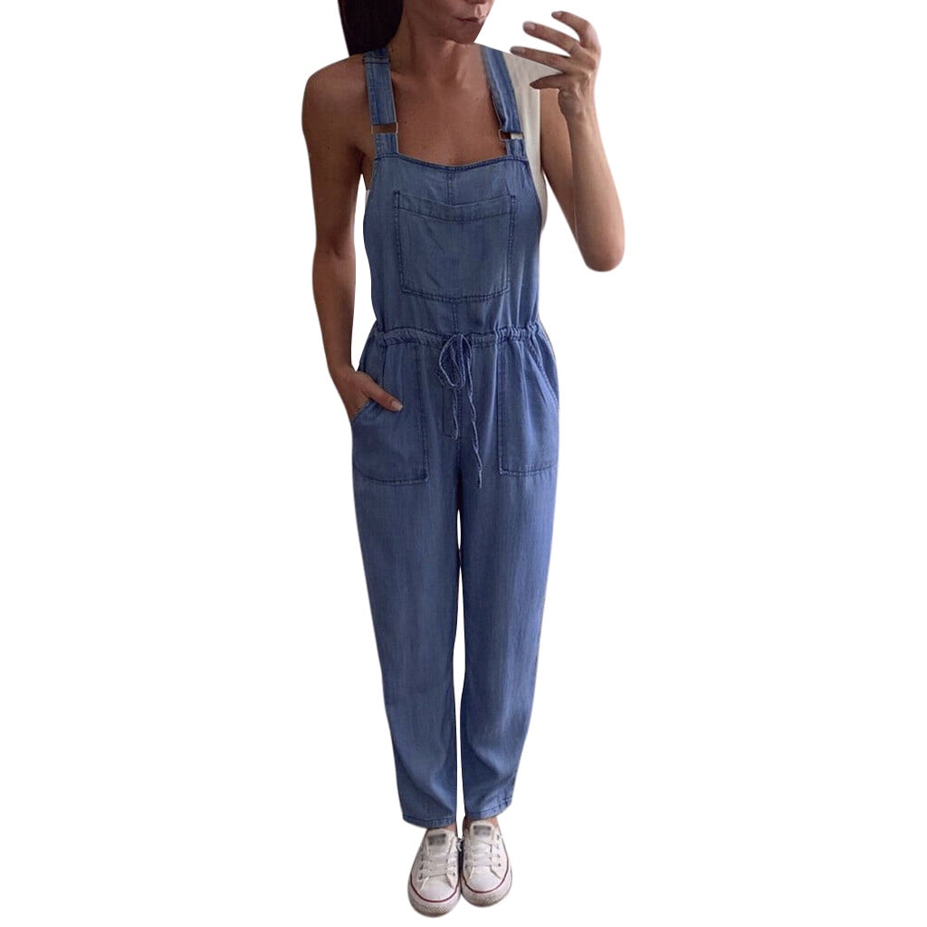 Loose Side Pocket Sleeveless Denim Jumpsuits, Casual Adjustable Shoulder  Strap Denim Suspenders Trousers, Women's Denim Jeans & Clothing