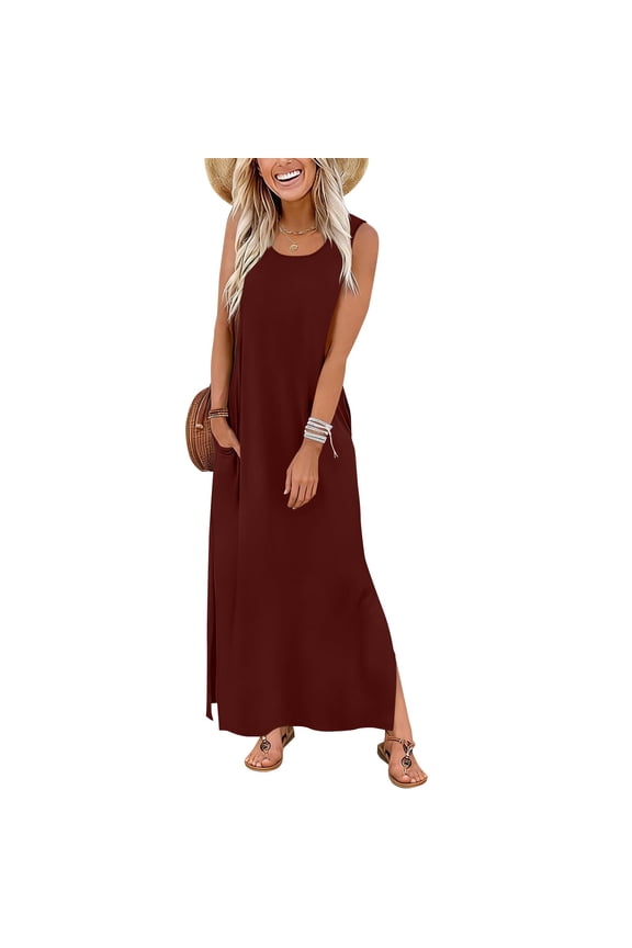 Women's Casual Sleeveless Maxi Dress Crew Neck Side Split Long Tank Dress with Pockets Loose Fit Flowy A-Line Summer Beach Vacation Daily Loungewear