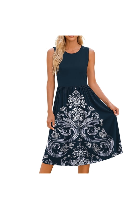 Women's Casual Sleeveless Midi A-Line Dress Crew Neck Abstract Geometric Print High Waisted Empire Waist Flare Swing Dress Breathable Flowy Summer Daily Wear Office Apparel