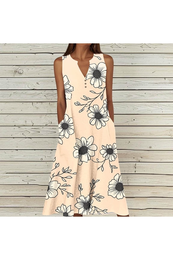 Women's Casual Sleeveless Midi Sun Dress V Neck Floral Sunflower Print A-Line Dress with Pockets Lightweight Breathable Flowy Summer Dress For Daily Outing