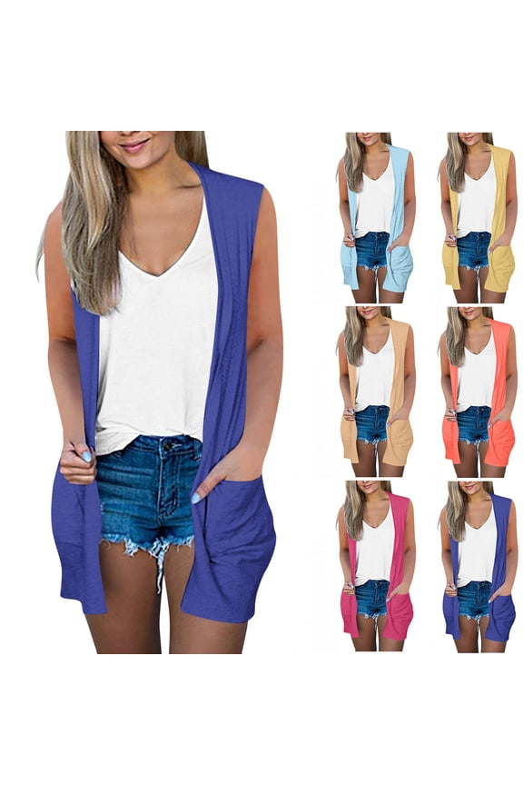 Women's Casual Sleeveless Solid Pocket Longline Tunic Blouse Top Cardigan Loose Fit Lightweight Summer Beach Vacation | CSEONE,Beige L