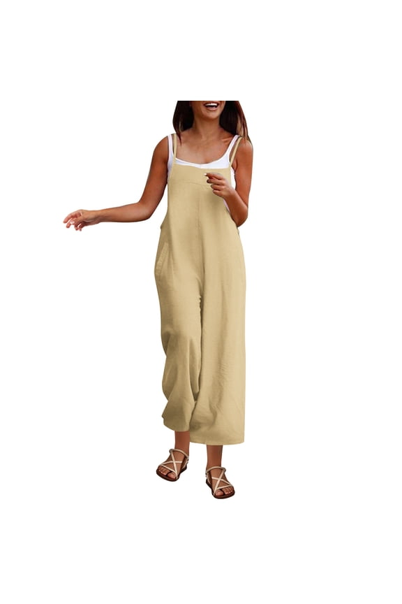 Women's Casual Sleeveless Strap Solid Spaghetti High Waist Wide Leg Jumpsuit Rompers With Pocket Outdoor Fall Clothes Fashion Basic Winter Clothing