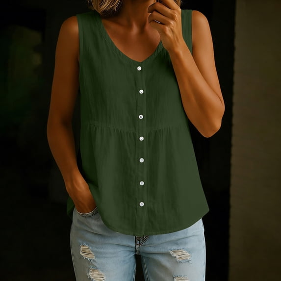 Women's Casual Sleeveless V-Neck Blouse with Buttons, Solid Summer Top