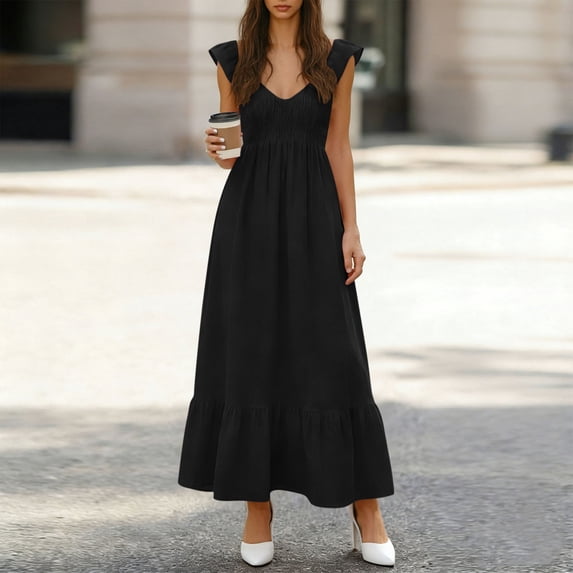 Women's Casual Sleeveless V-Neck Fold Solid Dress, Comfortable Fit