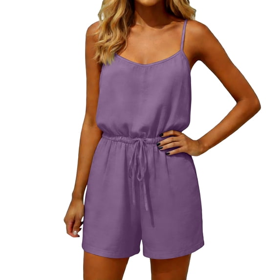 Women's Casual Sleeveless V-Neck Romper with Drawstring Waist Loose Fit Summer Jumpsuit