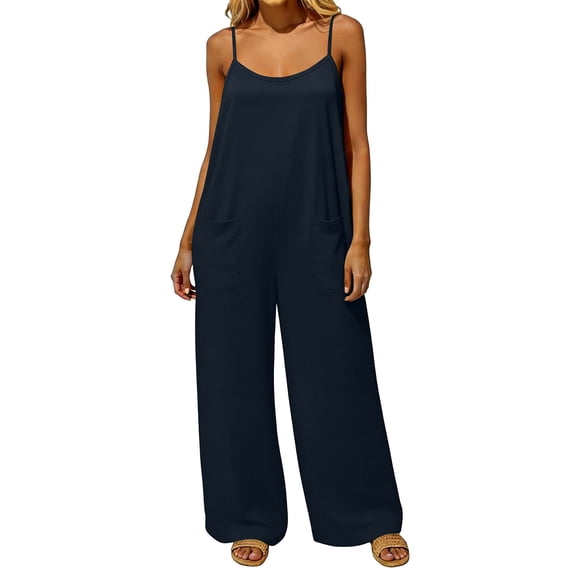 Women's Casual Sleeveless Wide Leg Jumpsuit with Pockets Loose Fit Summer Romper
