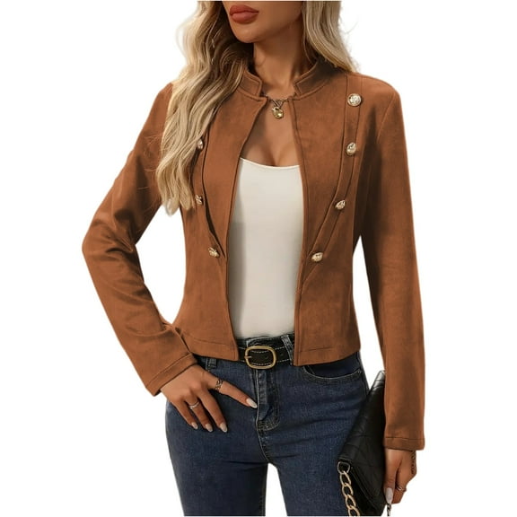 Women's Casual Slim Fit Lapel Double Breasted Motorcycle Jacket Top Coat for Fall and Winter , Long Sleeve Stylish Outerwear for Everyday Wear,Brown,M