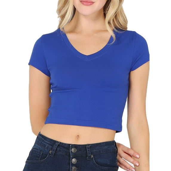 Women's Casual Slim Fit Short Sleeve V- Neck Basic Crop Top T Shirts