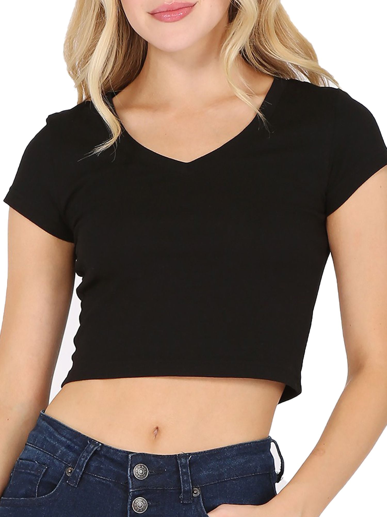 ★ ★ Women's Slim Fit Cut Off Crop Short Sleeve Women's Casual Slim Fit Short Sleeve V- Neck Basic Crop Top