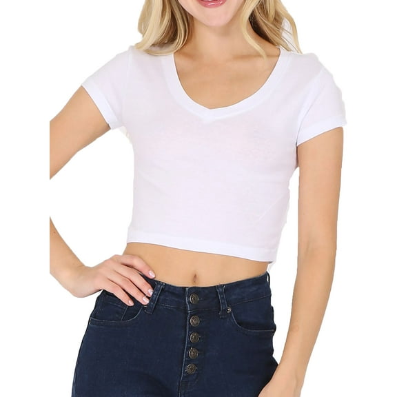 Women's Casual Slim Fit Short Sleeve V- Neck Basic Crop Top T Shirts