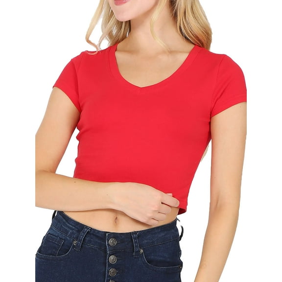 Women's Casual Slim Fit Short Sleeve V- Neck Basic Crop Top T Shirts