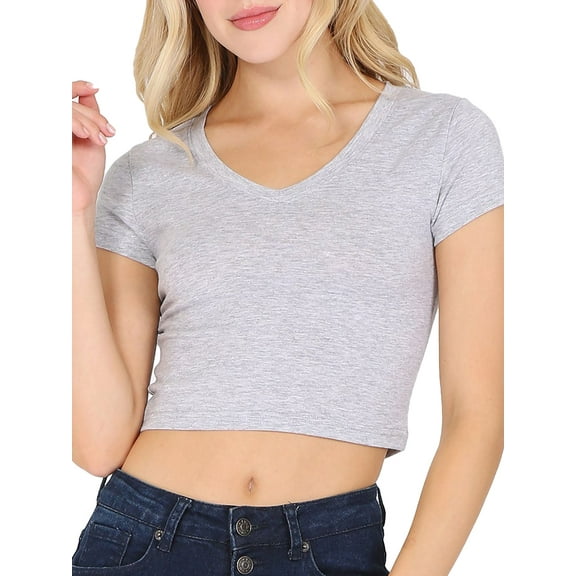 Women's Casual Slim Fit Short Sleeve V- Neck Basic Crop Top T Shirts
