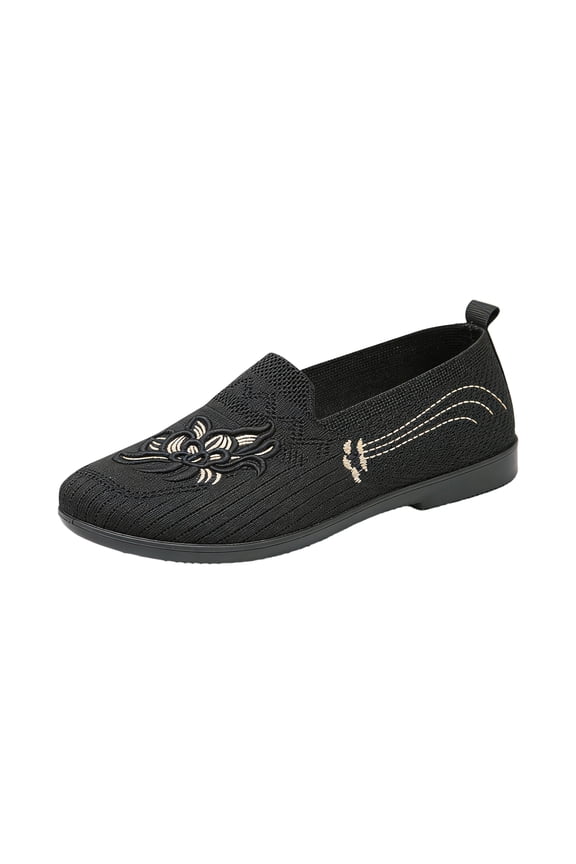 Women's Casual Slip‑On Fly‑Knit Shoes Breathable Hollow‑Out Embroidered Flat Shoes Non‑Slip Soft Sole Comfort Flats Anti-Skid Sports Shoes Walking Jogging Casual Lightweight Indoor Outdoor
