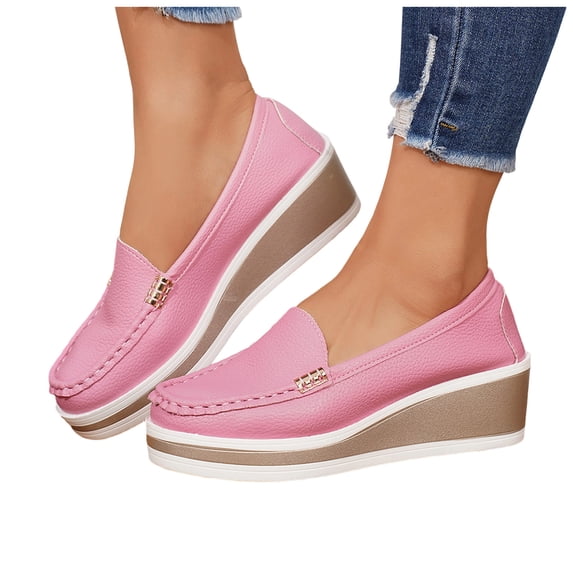 HEWUQI Wedge Platform Loafers for Womens Backless Leather Comfortable Slip on Casual Travel Everyday Shoes Pink Size 9