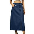 thumbnail image 1 of Women's Casual Slit Denim Midi Jean Skirt, Summer Button Front High Waisted A-Line Skirt with Pockets for Daily Office Dark Blue S, 1 of 7