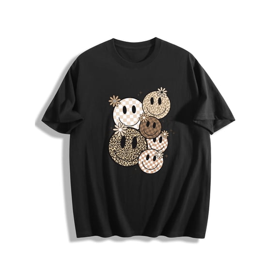 Women's Casual Smiley Graphic Tee – Leopard & Checkerboard Accents