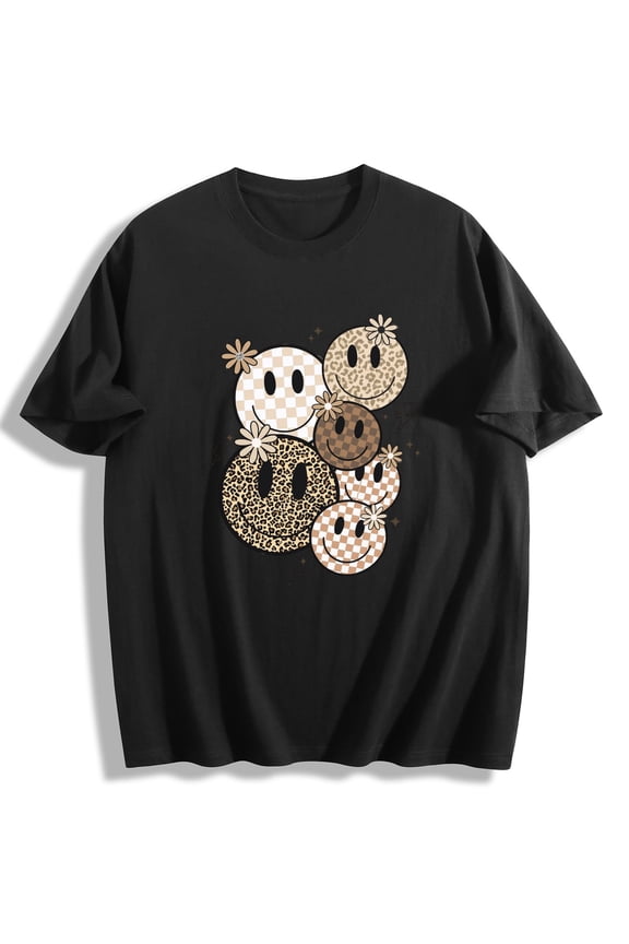 Women's Casual Smiley Graphic Tee – Leopard & Checkerboard Accents