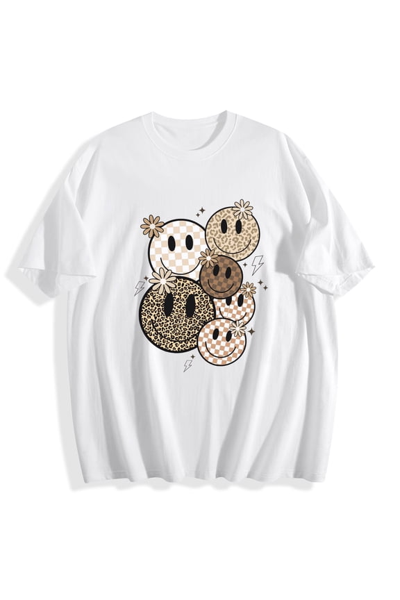 Women's Casual Smiley Graphic Tee – Leopard & Checkerboard Accents