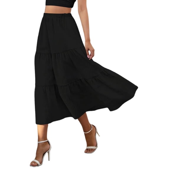 Women's Casual Smock Layered Tiered Skirt High Waisted A Line Flowy Long Skirts with Pockets (Casual Summer Dresses With Pockets)