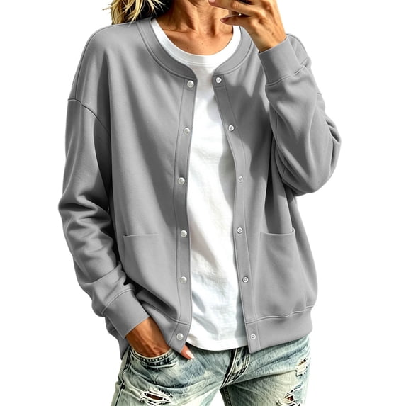 Women's Casual Snap Button Cardigan Jacket, Long Sleeve Crew Neck Lightweight Sweatshirt Coat with Pockets, Solid Color Fall Outerwear