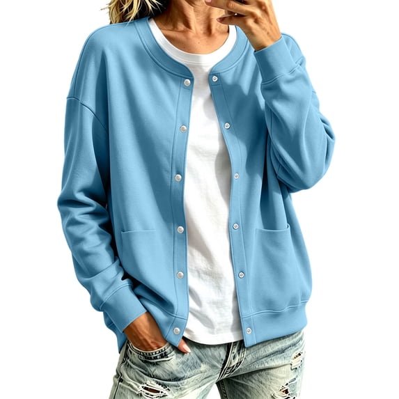 Women's Casual Snap Button Cardigan Jacket, Long Sleeve Crew Neck Lightweight Sweatshirt Coat with Pockets, Solid Color Fall Outerwear