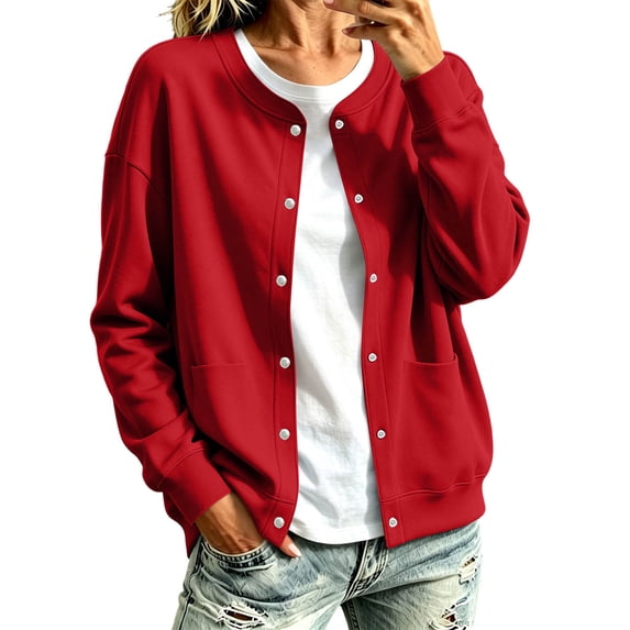 Women's Casual Snap Button Cardigan Jacket, Long Sleeve Crew Neck Lightweight Sweatshirt Coat with Pockets, Solid Color Fall Outerwear