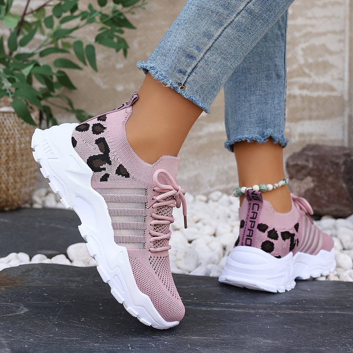 Women's Casual Sneaker, Flying Woven Leopard Print Breathable Lace up