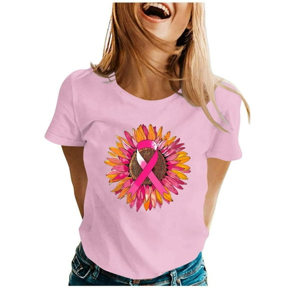 Women's Casual Solid Cancer Ribbon Graphic Print Tee Inspirational Cancer Tops Cancer Care Gifts Cancer Survivor Tee Tops (Pink, XL)