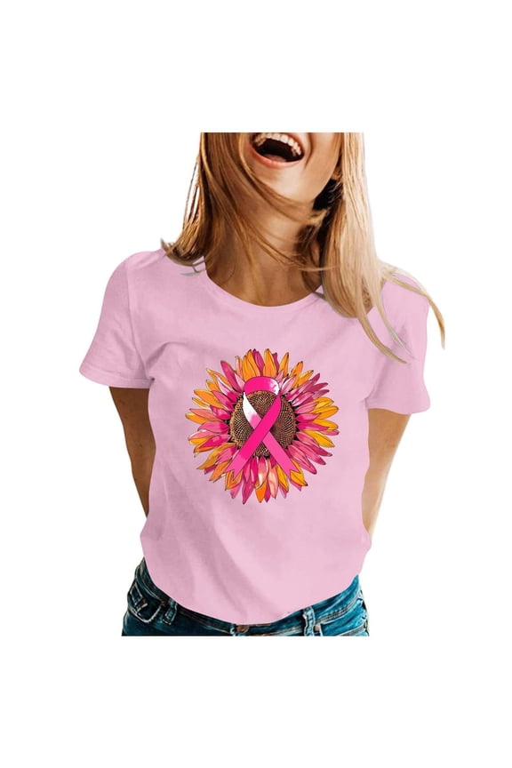 Women's Casual Solid Cancer Support Admire Honor Cancer Awareness T-Shirt Cancer Survivor Inspirational Short Sleeve Tops (Pink, L)