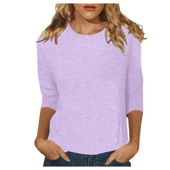 Women's Casual Solid Color 3/4 Sleeve Crew Neck T-Shirt - Comfortable Everyday Relaxed Fit Top