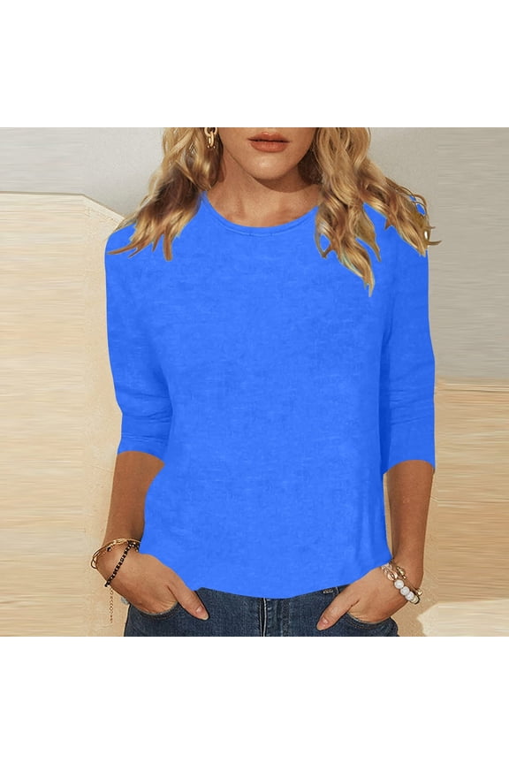 Women's Casual Solid Color 3/4 Sleeve Crew Neck T Shirt Comfortable Everyday Top For Relaxed Fit Stretch Shirts for Women Womens Short Sleeve Shirt Womens Medium Shirts Long Sleeve Layering Tops for