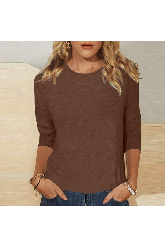 Women's Casual Solid Color 3/4 Sleeve Crew Neck T Shirt Comfortable Everyday Top For Relaxed Fit Stretch Shirts for Women Womens Short Sleeve Shirt Womens Medium Shirts Long Sleeve Layering Tops for
