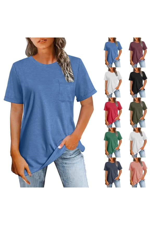 Women's Casual Solid Color Bateau Sleeve Round Neck Short Sleeve Shirt Blouse Top Loose Fit Breathable Summer Fashion | CSEONE,Blue L