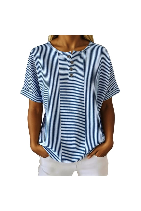 Women's Casual Solid Color Button Front Short Sleeve Top with Striped Detail for Everyday Wear for Summer and Office Blue XXXL