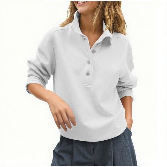 Women's Casual Solid Color Button Lapel Loose Long Sleeve Top Sweatshirt Polo Collar Pullover Tops 2025 Fall Working Clothes