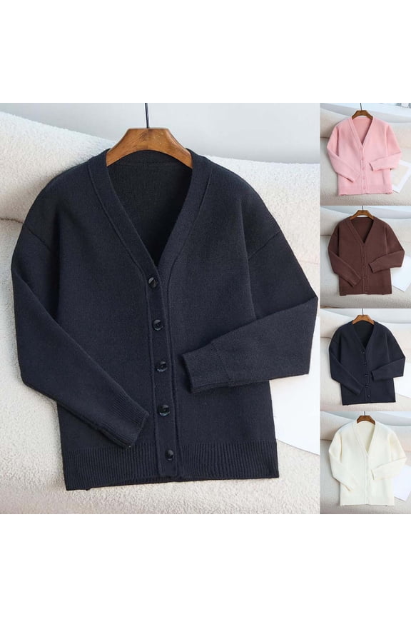 Women's Casual Solid Color Button Down V Neck Long Sleeve Knit Cardigan Jacket Top Sweater for Business Office Work Travel Outfits | CSEONE,White Free Size