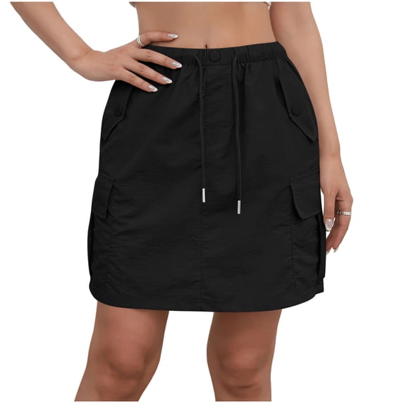 Women's Casual Solid Color Cargo Mini Skirt Elastic Waist Drawstring Button Detail Side Pockets Black