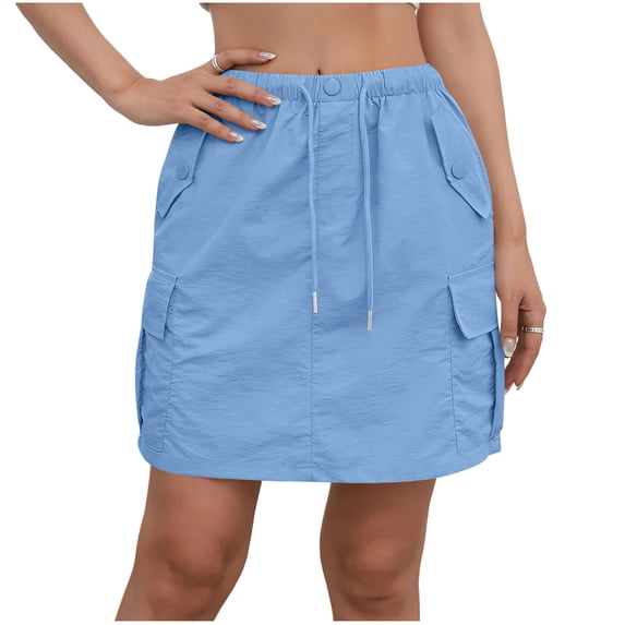 Women's Casual Solid Color Cargo Mini Skirt Elastic Waist Drawstring Button Detail Side Pockets Blue