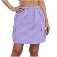 thumbnail image 1 of Women's Casual Solid Color Cargo Mini Skirt Elastic Waist Drawstring Button Detail Side Pockets Purple, 1 of 8