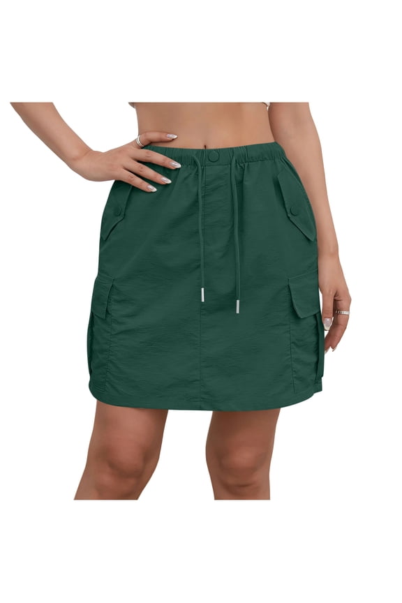 Women's Casual Solid Color Cargo Skirt Elastic Waistband Drawstring Multiple Pockets Button Green